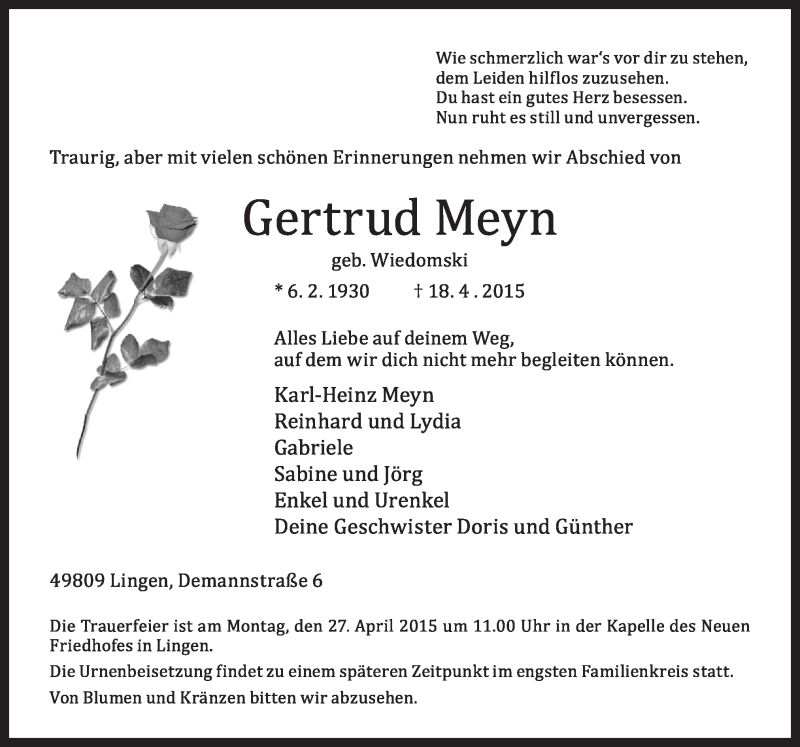  Traueranzeige für Gertrud Meyn vom 22.04.2015 aus Neue Osnabrücker Zeitung GmbH & Co. KG