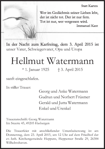 Traueranzeige von Hellmut Watermann von Neue Osnabrücker Zeitung GmbH & Co. KG