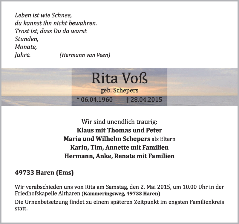  Traueranzeige für Rita Voß vom 30.04.2015 aus Neue Osnabrücker Zeitung GmbH & Co. KG