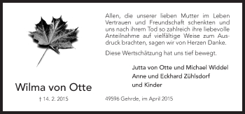 Traueranzeige von Wilma von Otte von Neue Osnabrücker Zeitung GmbH & Co. KG