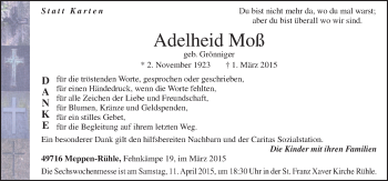 Traueranzeige von Adelheid Moß von Neue Osnabrücker Zeitung GmbH & Co. KG