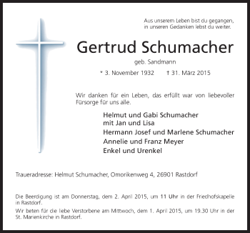Traueranzeige von Gertrud Schumacher von Neue Osnabrücker Zeitung GmbH & Co. KG