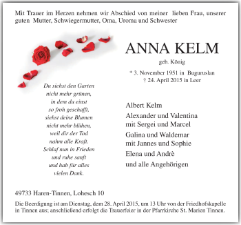 Traueranzeige von Anna Kelm von Neue Osnabrücker Zeitung GmbH & Co. KG