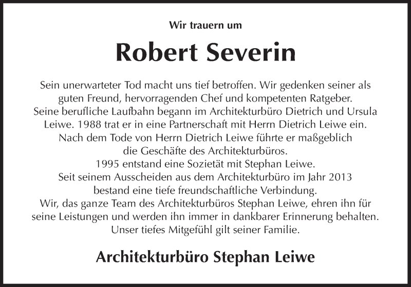  Traueranzeige für Robert Severin vom 01.04.2015 aus Neue Osnabrücker Zeitung GmbH & Co. KG