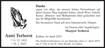 Traueranzeige von Anni Terhorst von Neue Osnabrücker Zeitung GmbH & Co. KG
