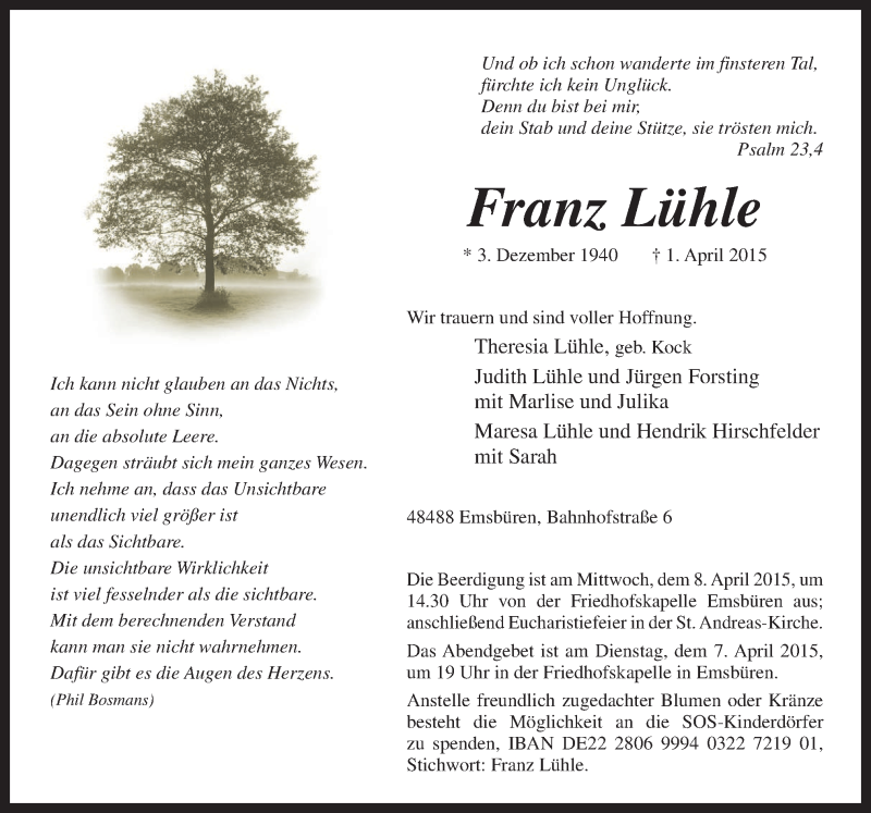  Traueranzeige für Franz Lühle vom 04.04.2015 aus Neue Osnabrücker Zeitung GmbH & Co. KG