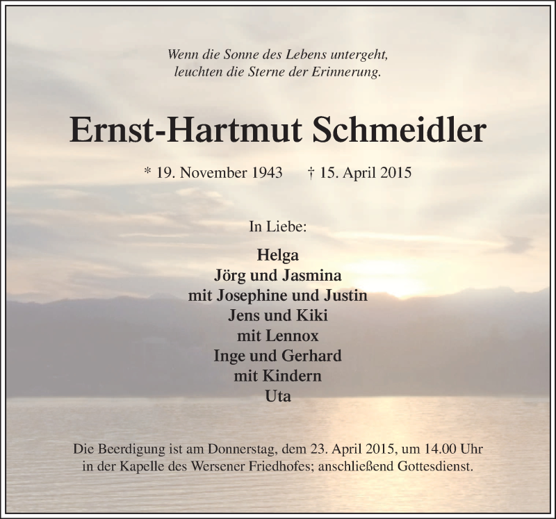  Traueranzeige für Ernst-Hartmut Schmeidler vom 18.04.2015 aus Neue Osnabrücker Zeitung GmbH & Co. KG