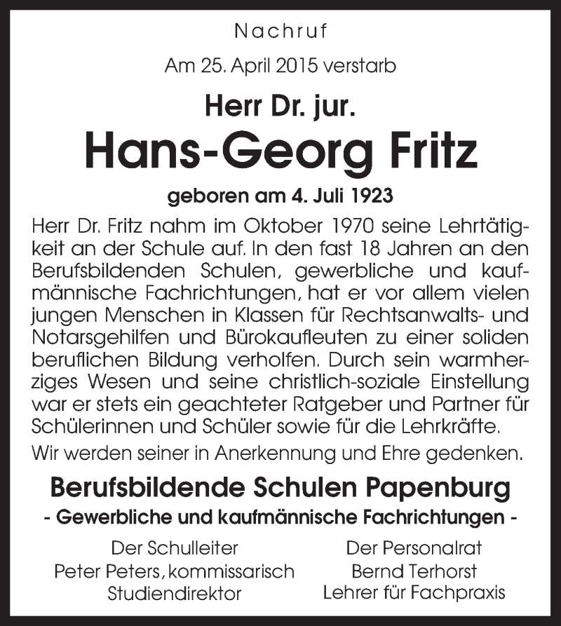  Traueranzeige für Hans-Georg Fritz vom 29.04.2015 aus Neue Osnabrücker Zeitung GmbH & Co. KG