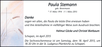 Traueranzeige von Paula Stemann von Neue Osnabrücker Zeitung GmbH & Co. KG