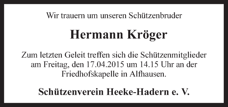  Traueranzeige für Hermann Kröger vom 16.04.2015 aus Neue Osnabrücker Zeitung GmbH & Co. KG