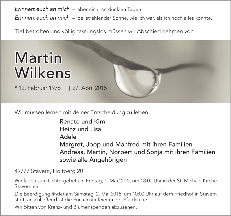  Traueranzeige für Martin Wilkens vom 30.04.2015 aus Neue Osnabrücker Zeitung GmbH & Co. KG