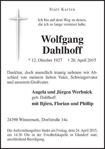 Traueranzeige von Wolfgang Dahlhoff von Neue Osnabrücker Zeitung GmbH & Co. KG