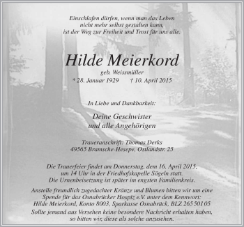 Traueranzeige von Hilde Meierkord von Neue Osnabrücker Zeitung GmbH & Co. KG