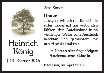 Traueranzeige von Heinrich König von Neue Osnabrücker Zeitung GmbH & Co. KG