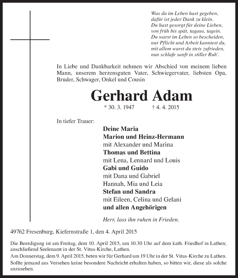  Traueranzeige für Gerhard Adam vom 07.04.2015 aus Neue Osnabrücker Zeitung GmbH & Co. KG