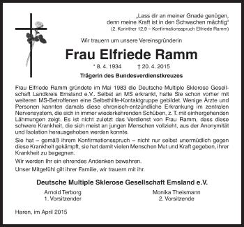 Traueranzeige von Elfriede Ramm von Neue Osnabrücker Zeitung GmbH & Co. KG