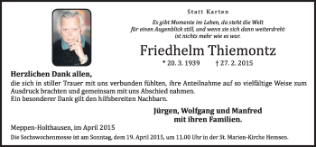 Traueranzeige von Friedhelm Thiemontz von Neue Osnabrücker Zeitung GmbH & Co. KG