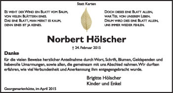 Traueranzeige von Norbert Hölscher von Neue Osnabrücker Zeitung GmbH & Co. KG