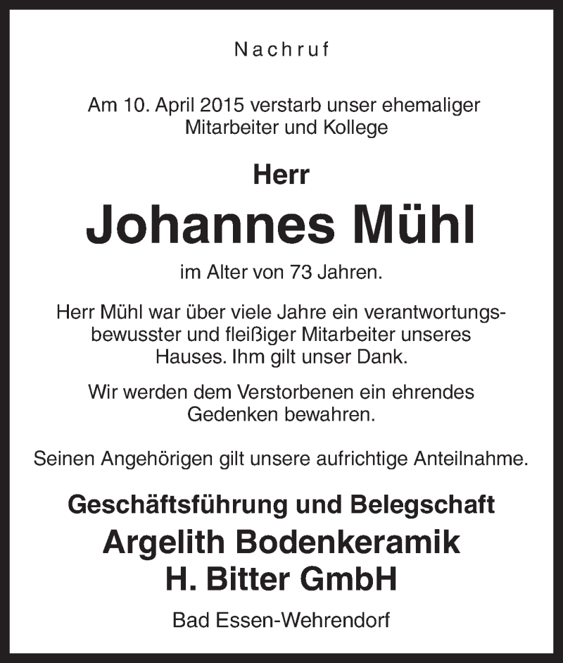  Traueranzeige für Johannes Mühl vom 17.04.2015 aus Neue Osnabrücker Zeitung GmbH & Co. KG