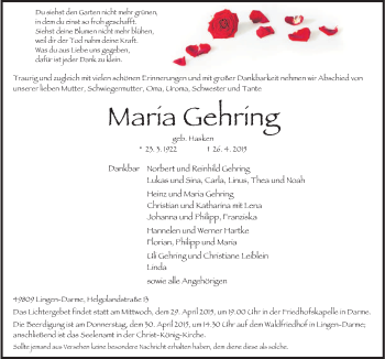 Traueranzeige von Maria Gehring von Neue Osnabrücker Zeitung GmbH & Co. KG