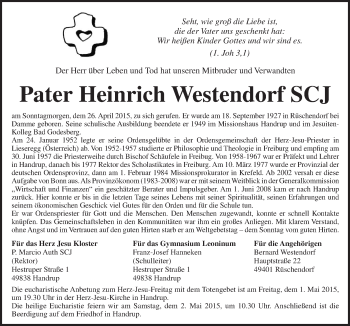 Traueranzeige von Heinrich Westendorf von Neue Osnabrücker Zeitung GmbH & Co. KG