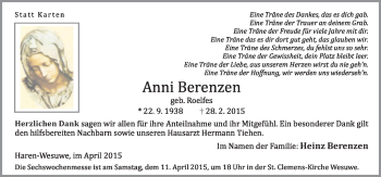 Traueranzeige von Anni Berenzen von Neue Osnabrücker Zeitung GmbH & Co. KG