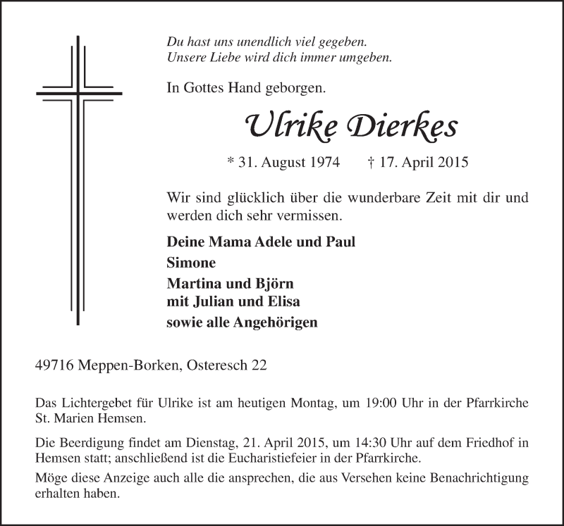  Traueranzeige für Ulrike Dierkes vom 20.04.2015 aus Neue Osnabrücker Zeitung GmbH & Co. KG