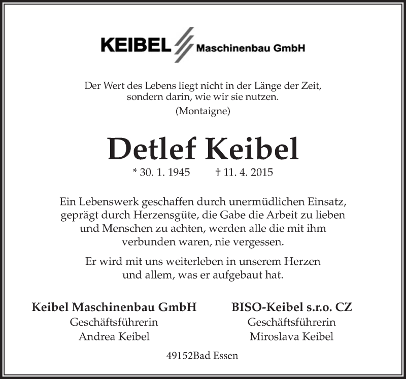  Traueranzeige für Detlef Keibel vom 14.04.2015 aus Neue Osnabrücker Zeitung GmbH & Co. KG
