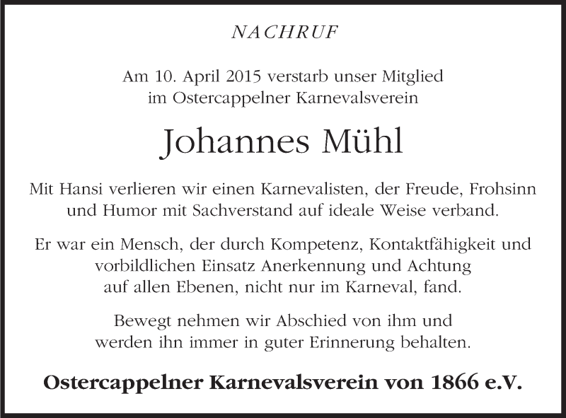  Traueranzeige für Johannes Mühl vom 18.04.2015 aus Neue Osnabrücker Zeitung GmbH & Co. KG