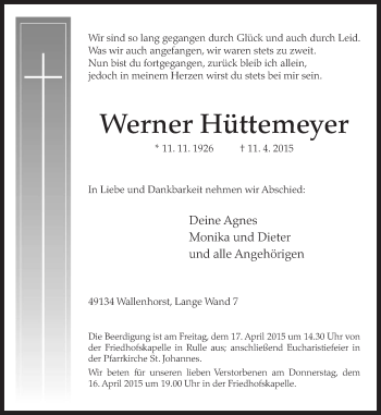 Traueranzeige von Werner Hüttemeyer von Neue Osnabrücker Zeitung GmbH & Co. KG