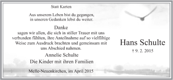 Traueranzeige von Hans Schulte von Neue Osnabrücker Zeitung GmbH & Co. KG