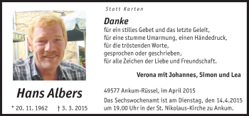 Traueranzeige von Hans Albers von Neue Osnabrücker Zeitung GmbH & Co. KG