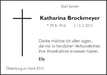 Traueranzeige von Katharina Brockmeyer von Neue Osnabrücker Zeitung GmbH & Co. KG