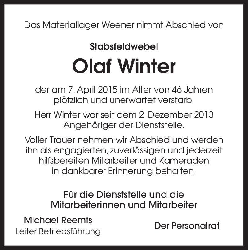  Traueranzeige für Olaf Winter vom 11.04.2015 aus Neue Osnabrücker Zeitung GmbH & Co. KG