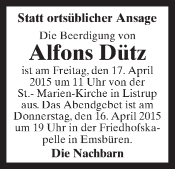 Traueranzeige von Alfons Dütz von Neue Osnabrücker Zeitung GmbH & Co. KG