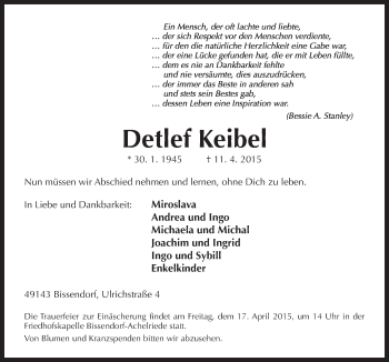 Traueranzeige von Detlef Keibel von Neue Osnabrücker Zeitung GmbH & Co. KG