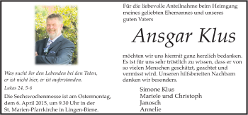 Traueranzeige von Ansgar Klus von Neue Osnabrücker Zeitung GmbH & Co. KG