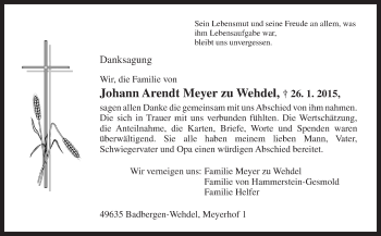 Traueranzeige von Johann Arendt Meyer zu Wedel von Neue Osnabrücker Zeitung GmbH & Co. KG