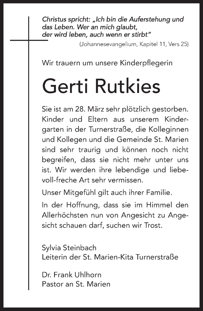  Traueranzeige für gerti Rutkies vom 04.04.2015 aus Neue Osnabrücker Zeitung GmbH & Co. KG