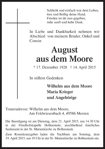 Traueranzeige von August aus dem Moore von Neue Osnabrücker Zeitung GmbH & Co. KG