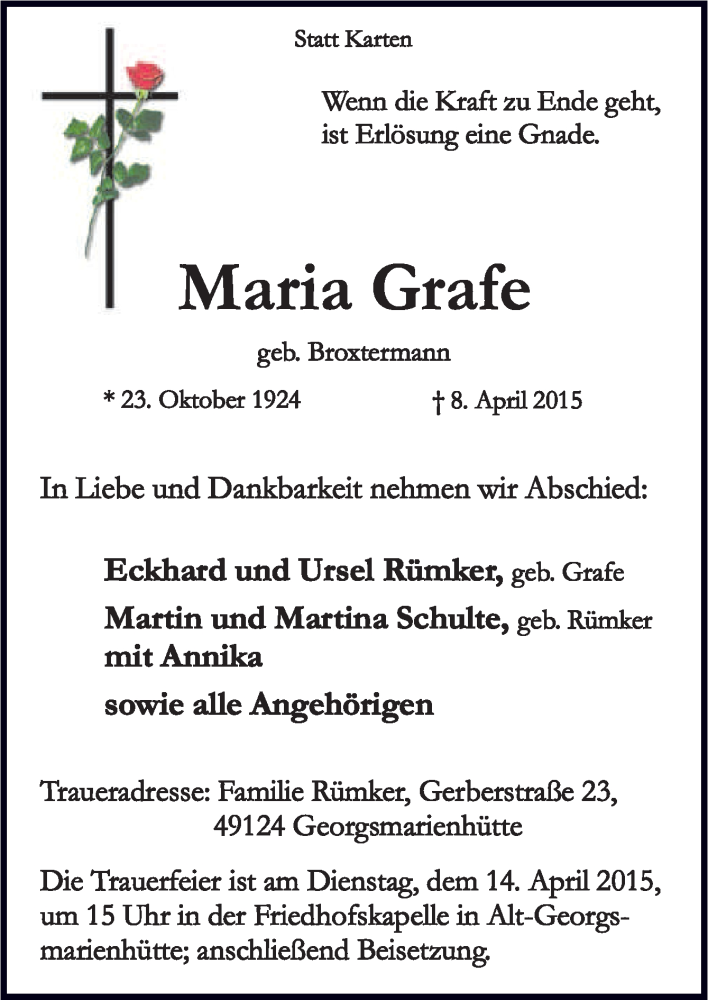  Traueranzeige für Maria Grafe vom 11.04.2015 aus Neue Osnabrücker Zeitung GmbH & Co. KG
