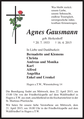 Traueranzeige von Agnes Gausmann von Neue Osnabrücker Zeitung GmbH & Co. KG