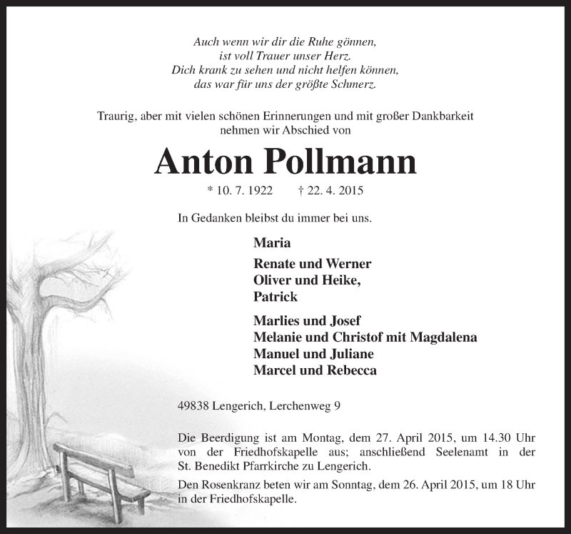  Traueranzeige für Anton Pollmann vom 25.04.2015 aus Neue Osnabrücker Zeitung GmbH & Co. KG