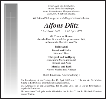 Traueranzeige von Alfons Dütz von Neue Osnabrücker Zeitung GmbH & Co. KG