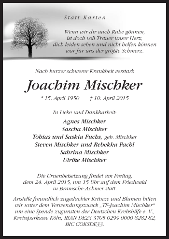 Traueranzeige von Joachim Mischker von Neue Osnabrücker Zeitung GmbH & Co. KG