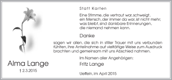 Traueranzeige von Alma Lange von Neue Osnabrücker Zeitung GmbH & Co. KG