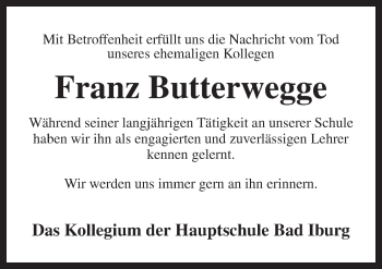 Traueranzeige von Franz Butterwegge von Neue Osnabrücker Zeitung GmbH & Co. KG