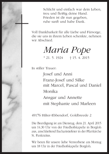 Traueranzeige von Maria Pope von Neue Osnabrücker Zeitung GmbH & Co. KG