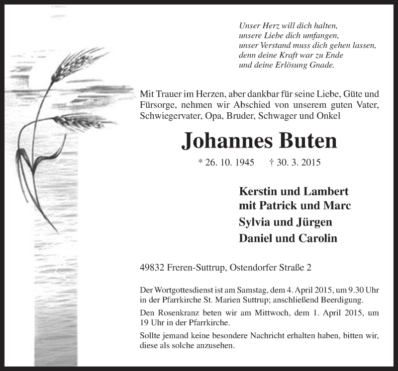  Traueranzeige für Johannes Buten vom 01.04.2015 aus Neue Osnabrücker Zeitung GmbH & Co. KG