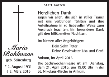 Traueranzeige von Maria Bahlmann von Neue Osnabrücker Zeitung GmbH & Co. KG